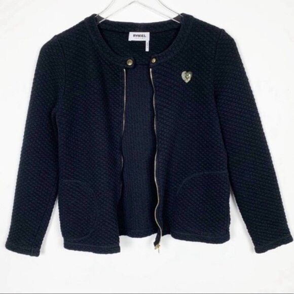 Rykiel Enfant Designer Girls Size 14  Black Gold Heart Quilted Full Zip Jacket - Picture 2 of 10